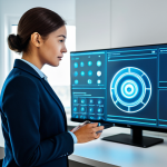 A focused professional cybersecurity expert, dressed in modest business casual attire, standing in a modern, clean smart home control room. They are interacting with a sleek, futuristic Wi-Fi router, with abstract digital security graphics (like a firewall or network protection symbols) displayed on a large, minimalist monitor in the background. The atmosphere is high-tech and secure, emphasizing digital safety. Professional photography, high resolution, sharp focus, vibrant colors, detailed. fully clothed, modest clothing, appropriate attire, professional dress, safe for work, appropriate content, family-friendly, perfect anatomy, correct proportions, natural pose, well-formed hands, proper finger count, natural body proportions.