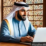 매일 실천해야 할 사이버보안 체크리스트 - A professional Arab man sitting at a modern home office desk, focused on his laptop screen displayin...