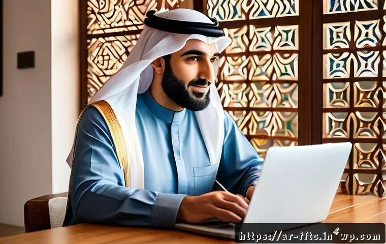매일 실천해야 할 사이버보안 체크리스트 - A professional Arab man sitting at a modern home office desk, focused on his laptop screen displayin...