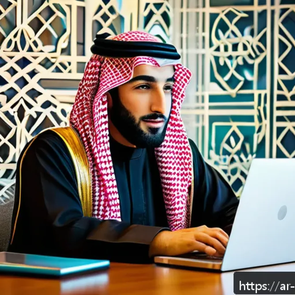 기타 디지털 환경에서의 사이버보안 습관 - A modern home office scene featuring an Arab man in traditional attire (thobe and keffiyeh) sitting ...