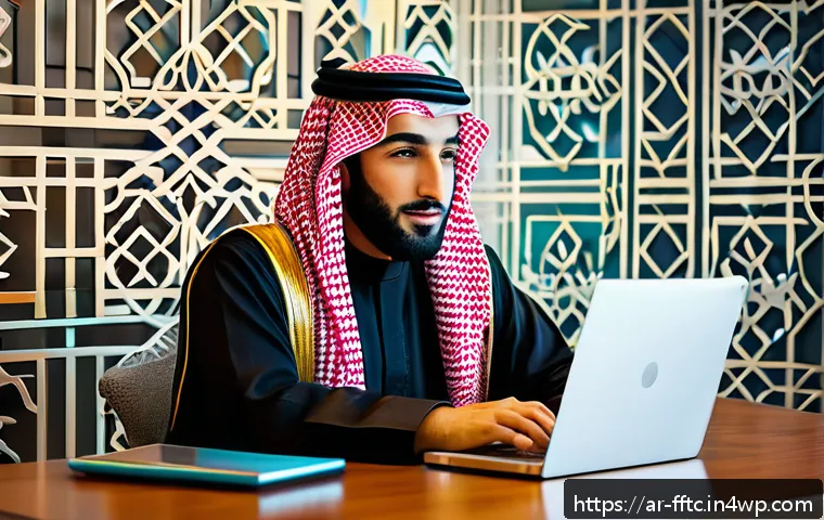 기타 디지털 환경에서의 사이버보안 습관 - A modern home office scene featuring an Arab man in traditional attire (thobe and keffiyeh) sitting ...