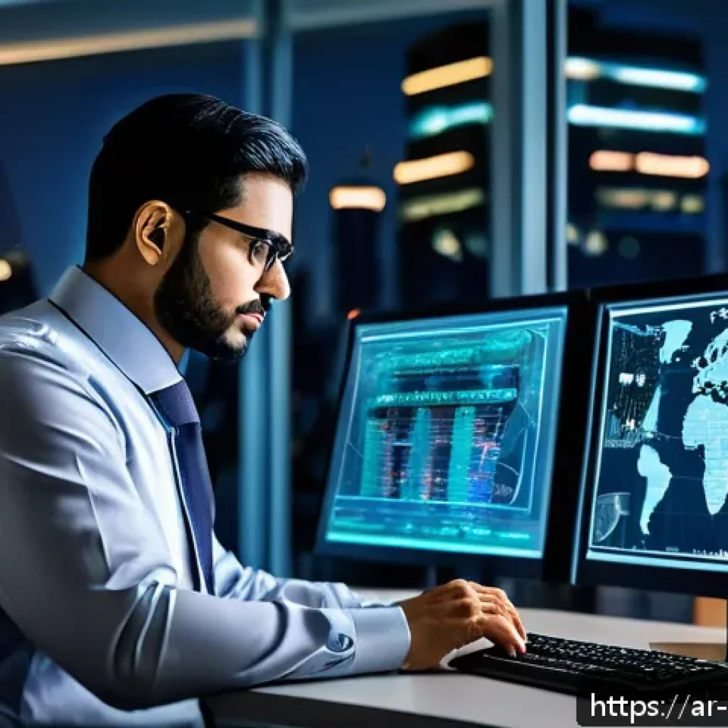 전문가의 사이버보안 레포트 읽는 법 - A detailed digital illustration of an Arabic cybersecurity analyst in a modern office setting, study...