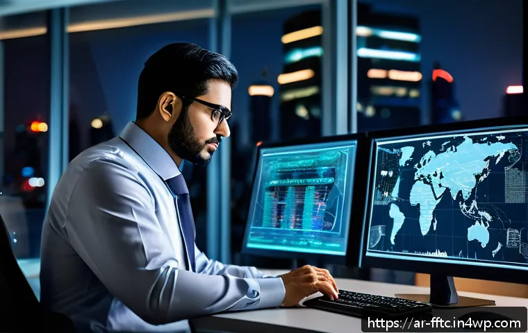 전문가의 사이버보안 레포트 읽는 법 - A detailed digital illustration of an Arabic cybersecurity analyst in a modern office setting, study...