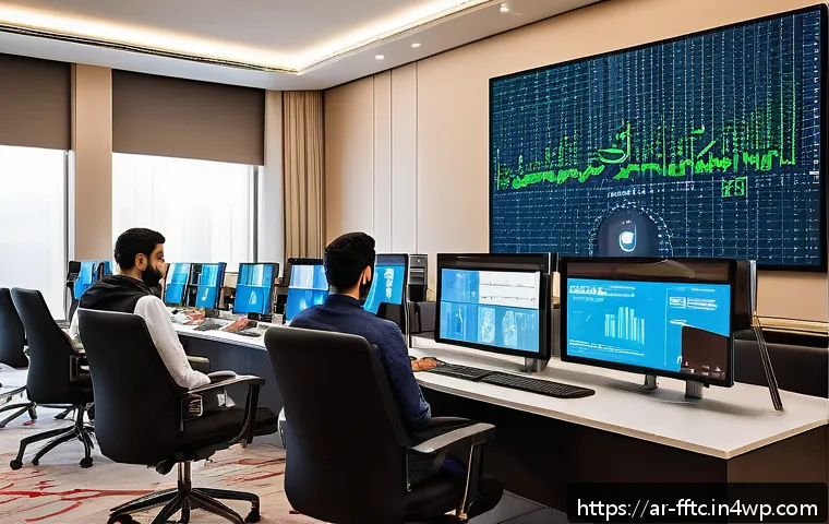 사이버보안 교육 프로그램 추천 - A modern virtual cybersecurity training lab scene showing a diverse group of young Arabic profession...