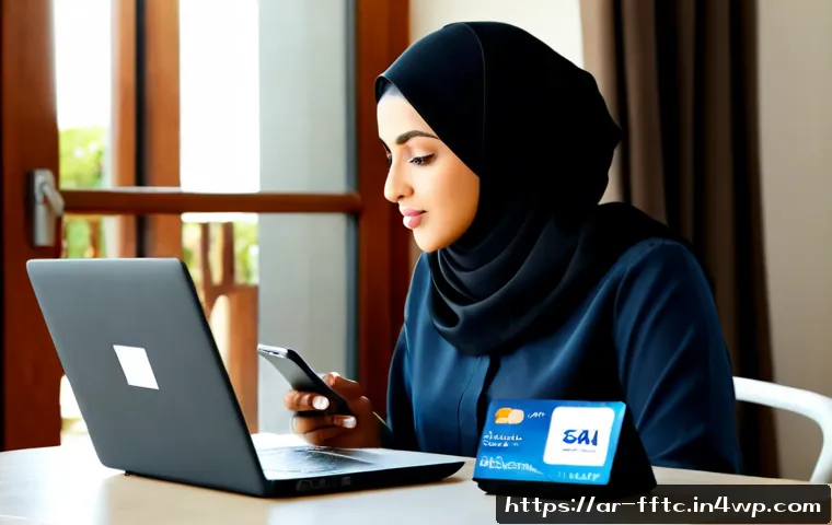 안전한 온라인 쇼핑을 위한 체크리스트 - Photorealistic Middle Eastern woman in modest contemporary hijab seated at a tidy home desk, safely ...