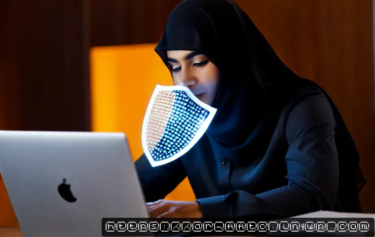 데이터 암호화 및 그 중요성 - Photorealistic close-up of an Arab cybersecurity professional in modest business attire using a lapt...