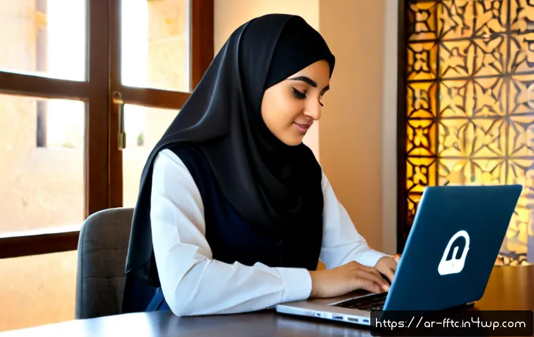 사이버 공격으로부터 자신을 보호하는 법 - Photorealistic Arab woman in modest business attire and hijab working securely on a laptop at a tidy...